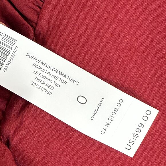Chico's Top Women 0 US 4 Red Long Sleeve Ruffle Neck Tunic Poplin Button NWT - Picture 7 of 9